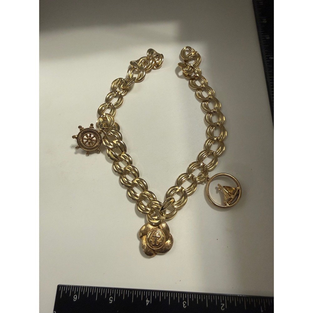 Vintage Gold Tone Nautical‎ Charm Necklace Anchor Sailboat Ships Wheel Chunky